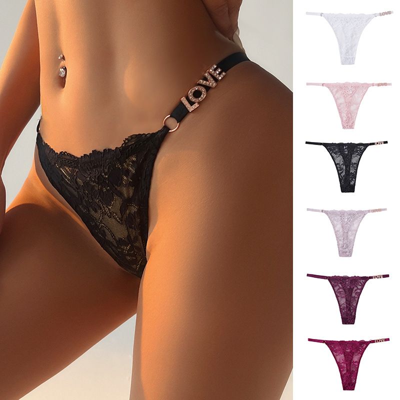 (image for) Women Low Rise Floral Lace Thong Panties with LOVE Rhinestone Decor Strap Sexy Breathable Butt Lifting Intimates