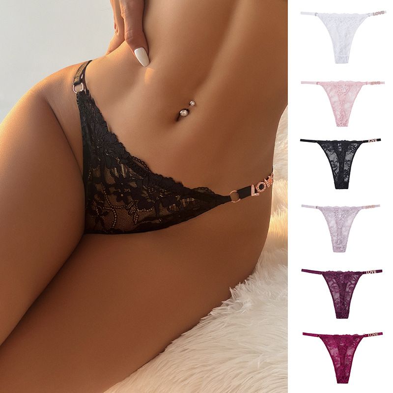 (image for) Women Low Rise Floral Lace Thong Panties with LOVE Rhinestone Decor Strap Sexy Breathable Butt Lifting Intimates
