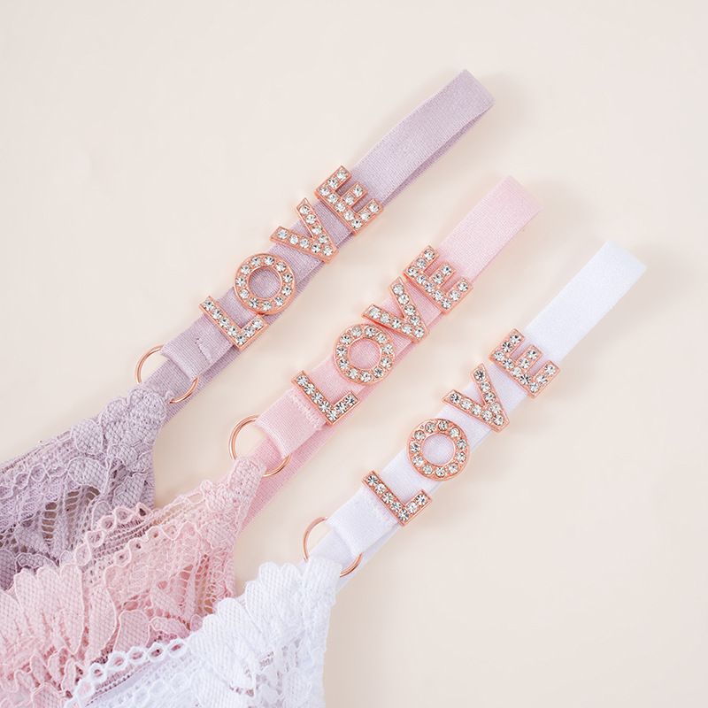 (image for) Women Low Rise Floral Lace Thong Panties with LOVE Rhinestone Decor Strap Sexy Breathable Butt Lifting Intimates