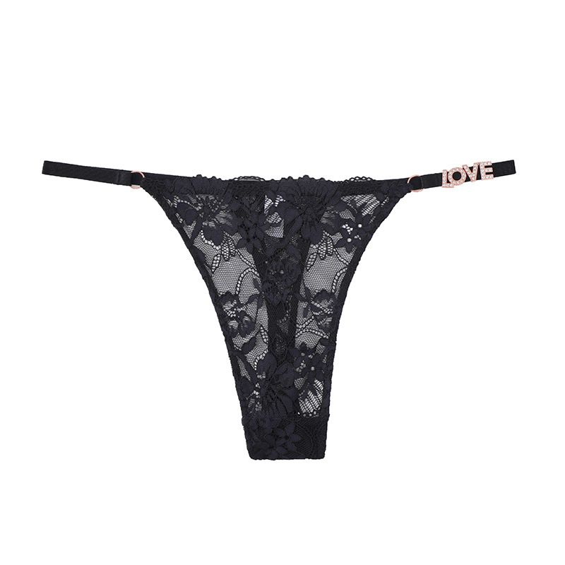 (image for) Women Low Rise Floral Lace Thong Panties with LOVE Rhinestone Decor Strap Sexy Breathable Butt Lifting Intimates