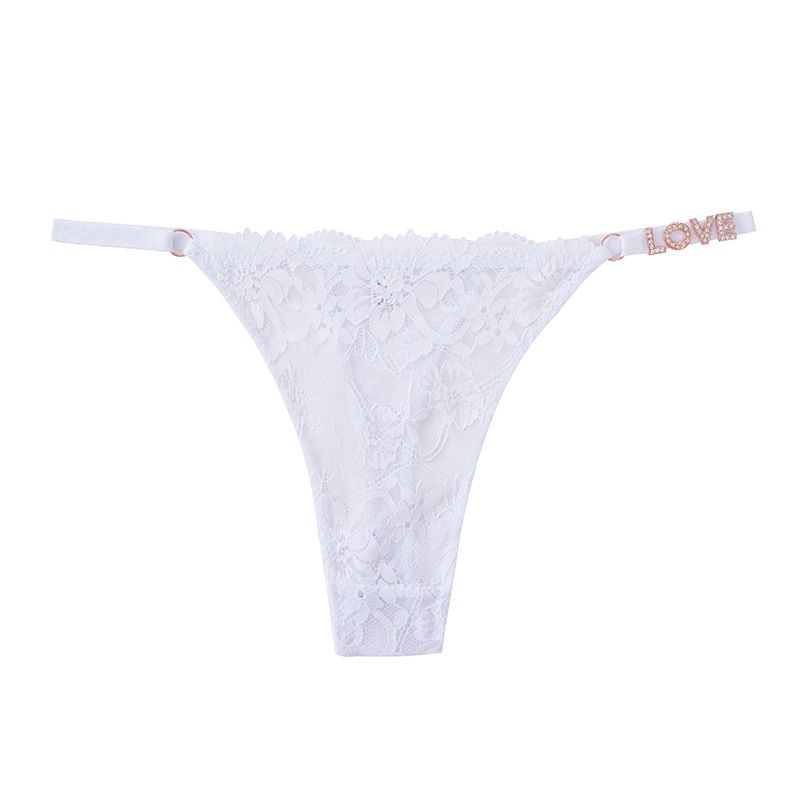 (image for) Women Low Rise Floral Lace Thong Panties with LOVE Rhinestone Decor Strap Sexy Breathable Butt Lifting Intimates