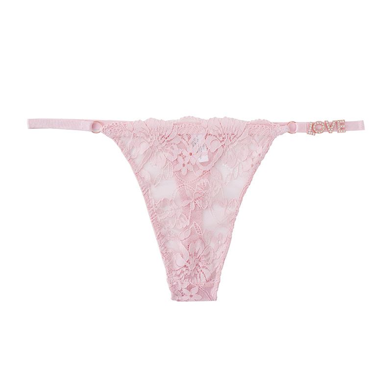 (image for) Women Low Rise Floral Lace Thong Panties with LOVE Rhinestone Decor Strap Sexy Breathable Butt Lifting Intimates