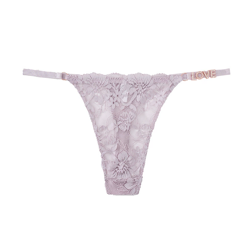 (image for) Women Low Rise Floral Lace Thong Panties with LOVE Rhinestone Decor Strap Sexy Breathable Butt Lifting Intimates
