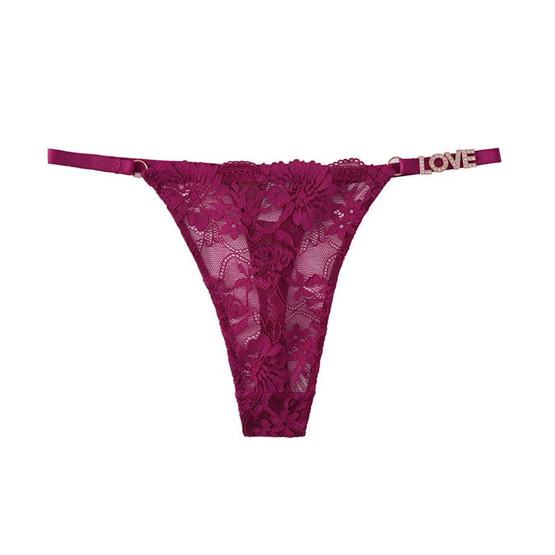 (image for) Women Low Rise Floral Lace Thong Panties with LOVE Rhinestone Decor Strap Sexy Breathable Butt Lifting Intimates
