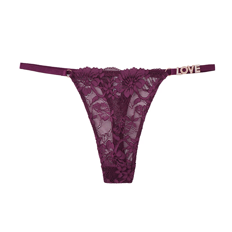 (image for) Women Low Rise Floral Lace Thong Panties with LOVE Rhinestone Decor Strap Sexy Breathable Butt Lifting Intimates