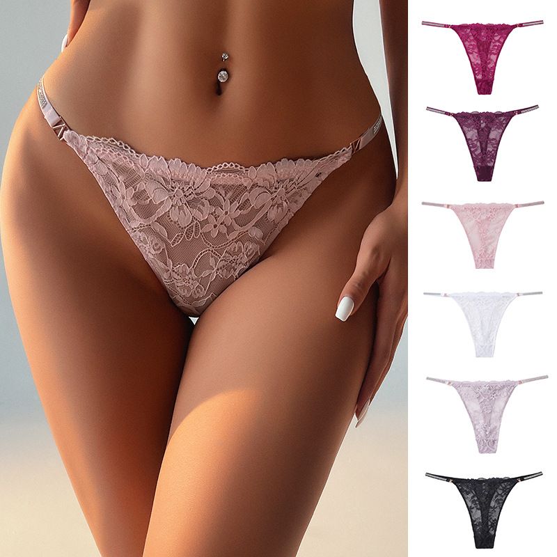 Women Low Rise Embroidered Floral Lace Mesh Thong Panties 80%-90% Cotton Crotch Antibacterial Quick Dry Butt Lifting Breathable Sheer Sexy Everyday Intimates