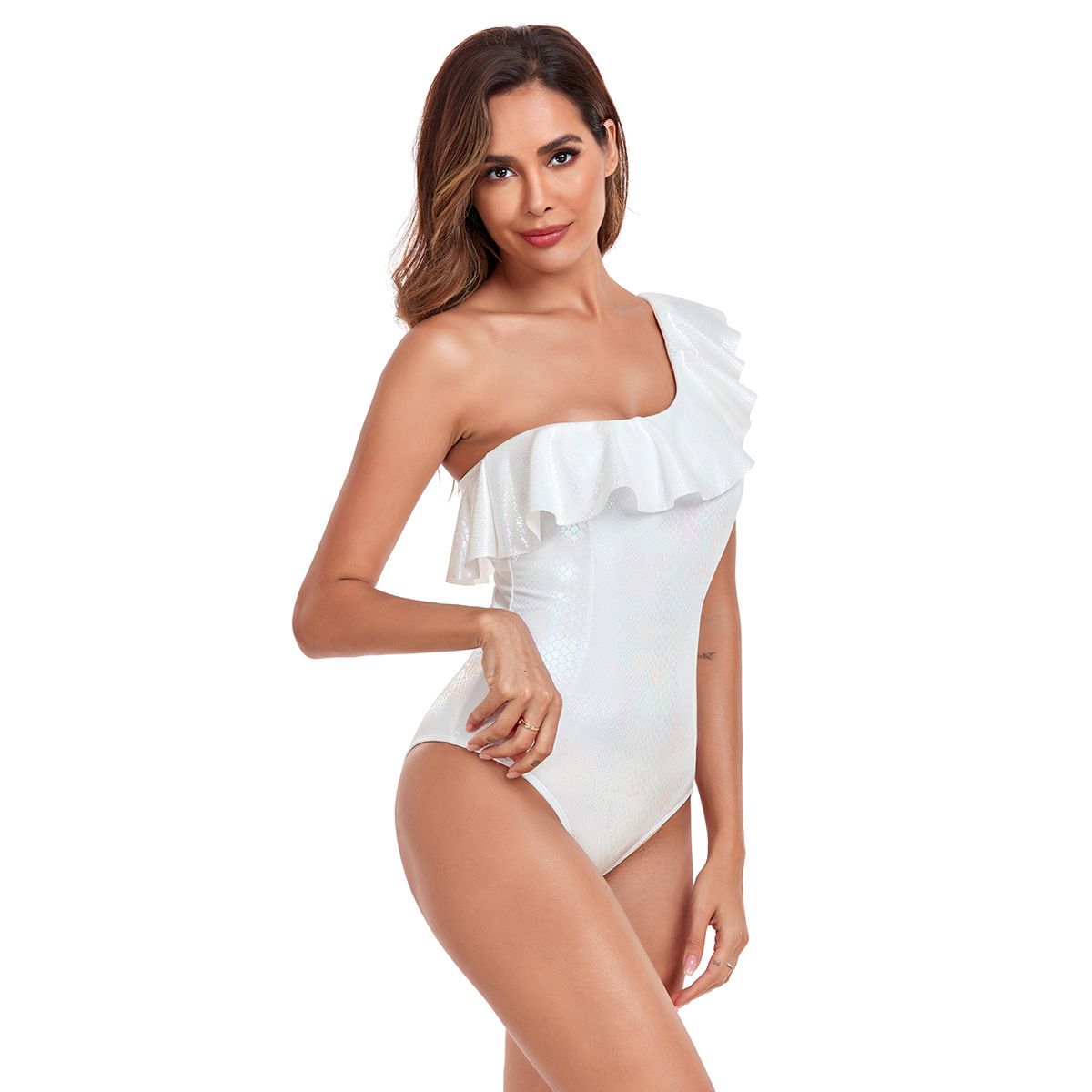 (image for) Women One‑Shoulder Ruffle One‑Piece Swimsuit Solid Metallic Foil Conservative Bathing Suit