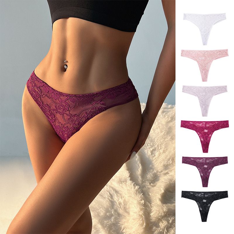 (image for) Women Mid Rise Full Floral Lace Thong Panties 100% Cotton Crotch High Stretch Breathable Butt Lifting European Style Everyday Intimates