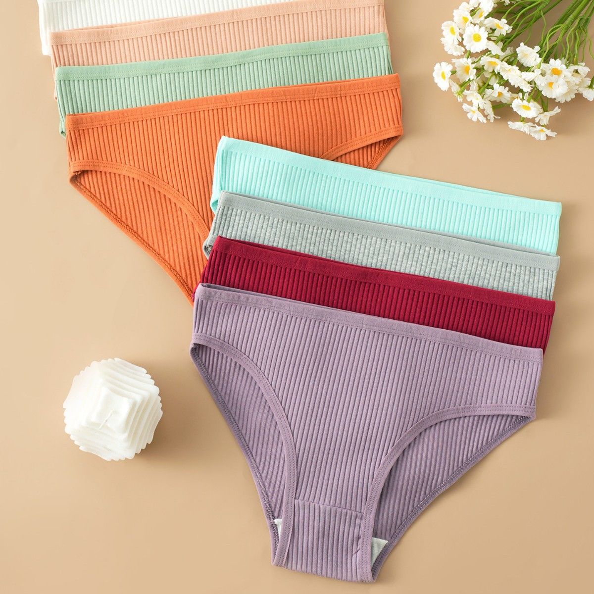 (image for) Women's Mid-Rise Ribbed Cotton Briefs 40-Count High Cotton Content Soft Breathable No-Show Butt Lifting Solid Color Everyday Panties
