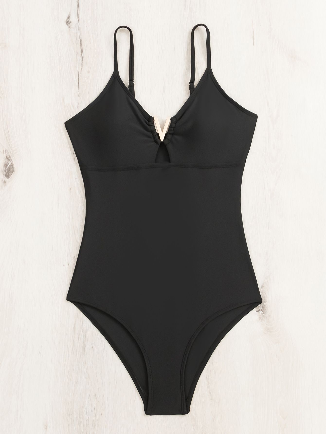 (image for) Women Solid One‑Piece Swimsuit Sexy V‑Strap Cutout Bathing Suit