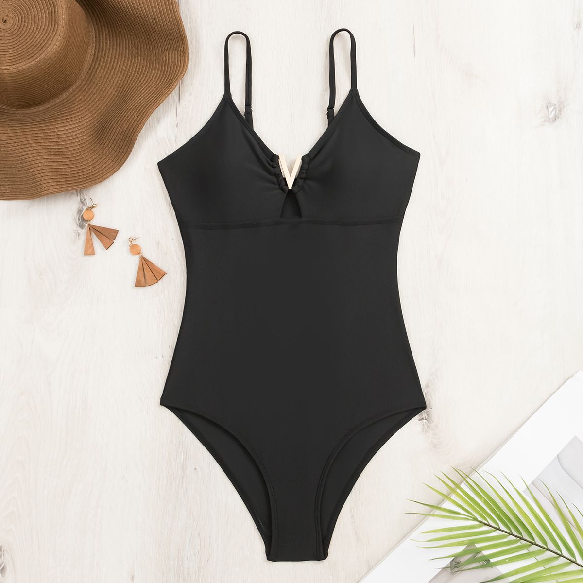 (image for) Women Solid One‑Piece Swimsuit Sexy V‑Strap Cutout Bathing Suit