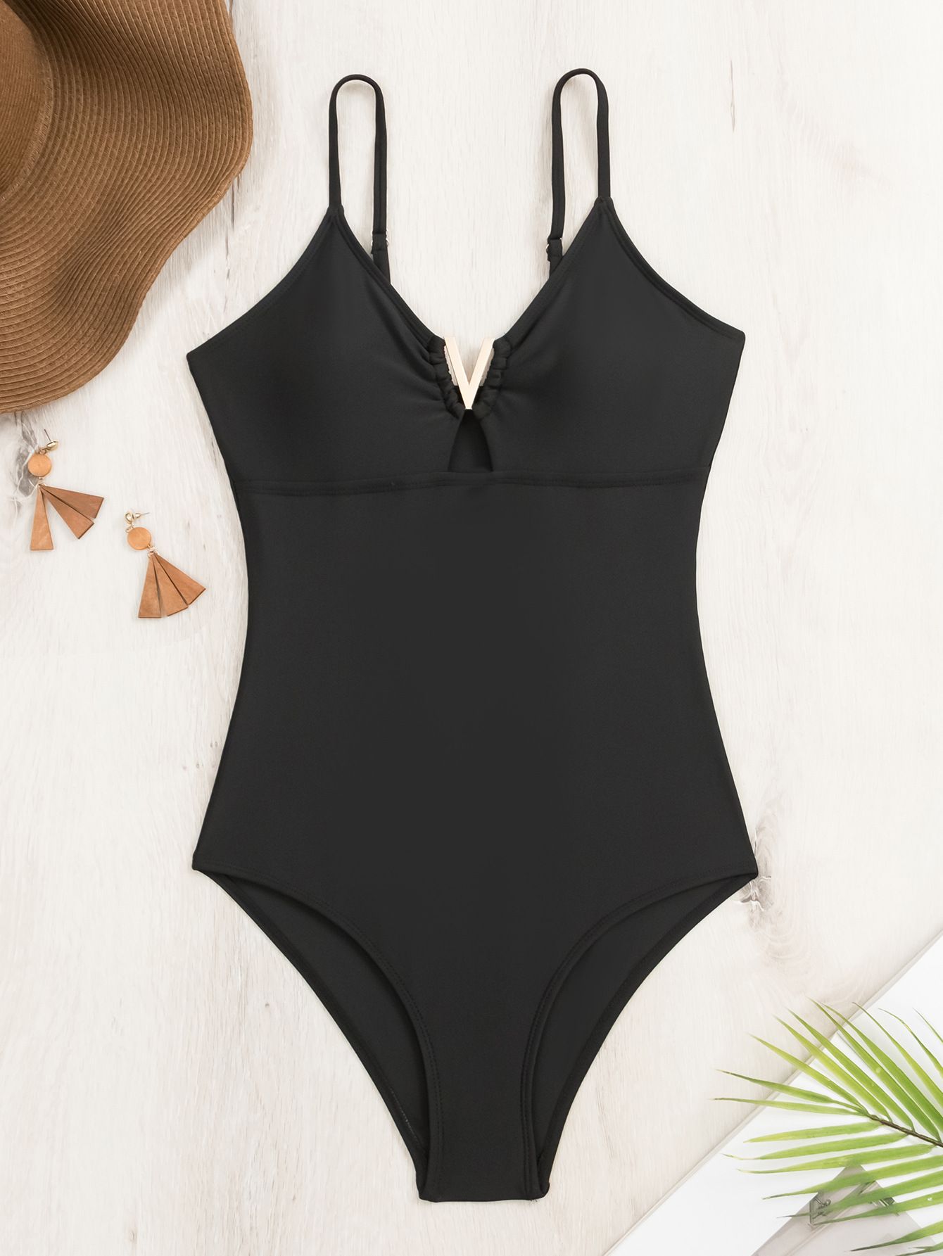 (image for) Women Solid One‑Piece Swimsuit Sexy V‑Strap Cutout Bathing Suit