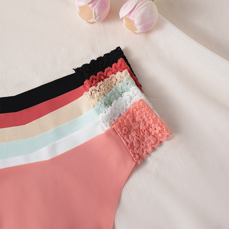 (image for) Women Low Rise Floral Lace Side Panel Ice Silk Thong Panties Quick Dry Breathable Seamless Nylon Crotch Sexy Sport Everyday Intimates