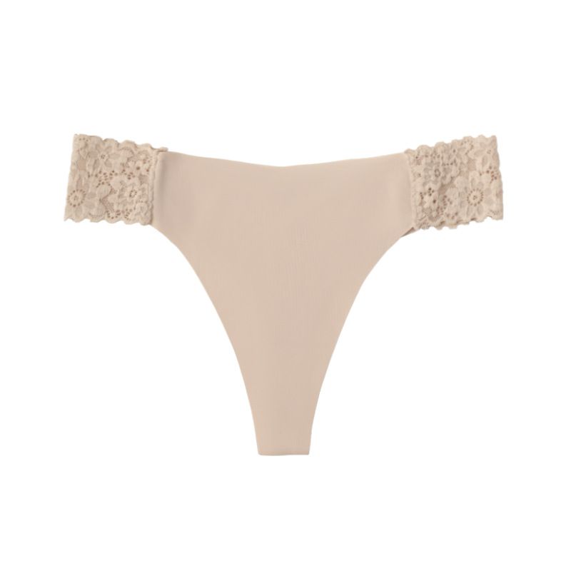 (image for) Women Low Rise Floral Lace Side Panel Ice Silk Thong Panties Quick Dry Breathable Seamless Nylon Crotch Sexy Sport Everyday Intimates