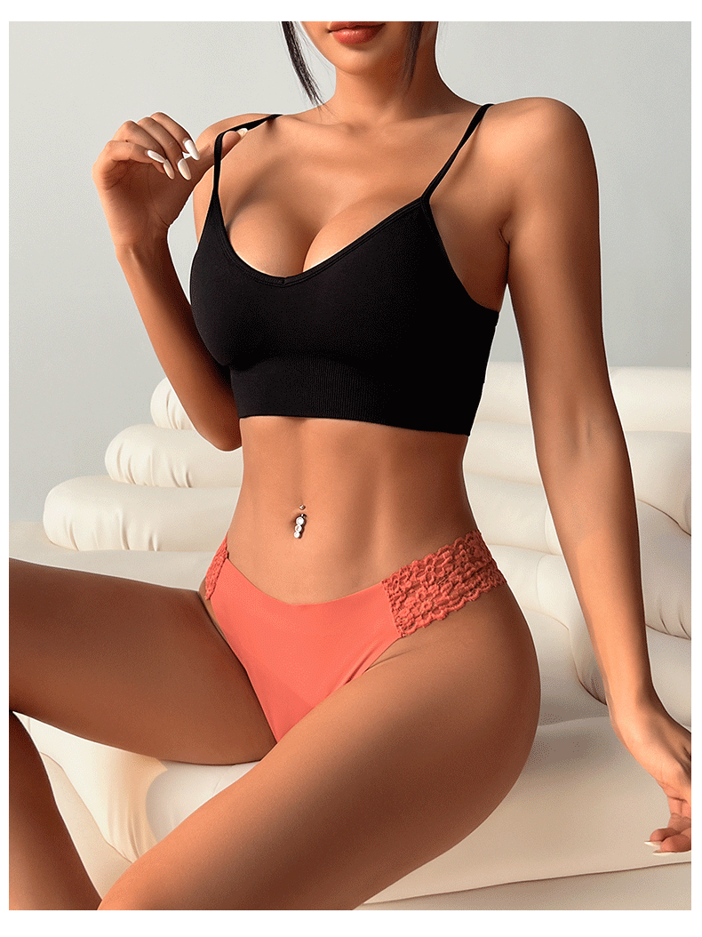(image for) Women Low Rise Floral Lace Side Panel Ice Silk Thong Panties Quick Dry Breathable Seamless Nylon Crotch Sexy Sport Everyday Intimates