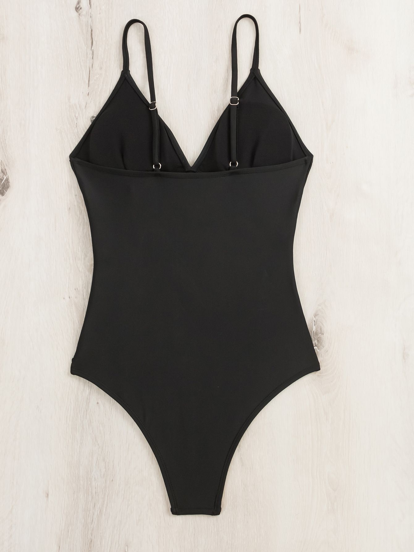 (image for) Women's V‑Neck Spaghetti Strap One‑Piece Swimsuit, Solid Black Conservative Tight Swimwear