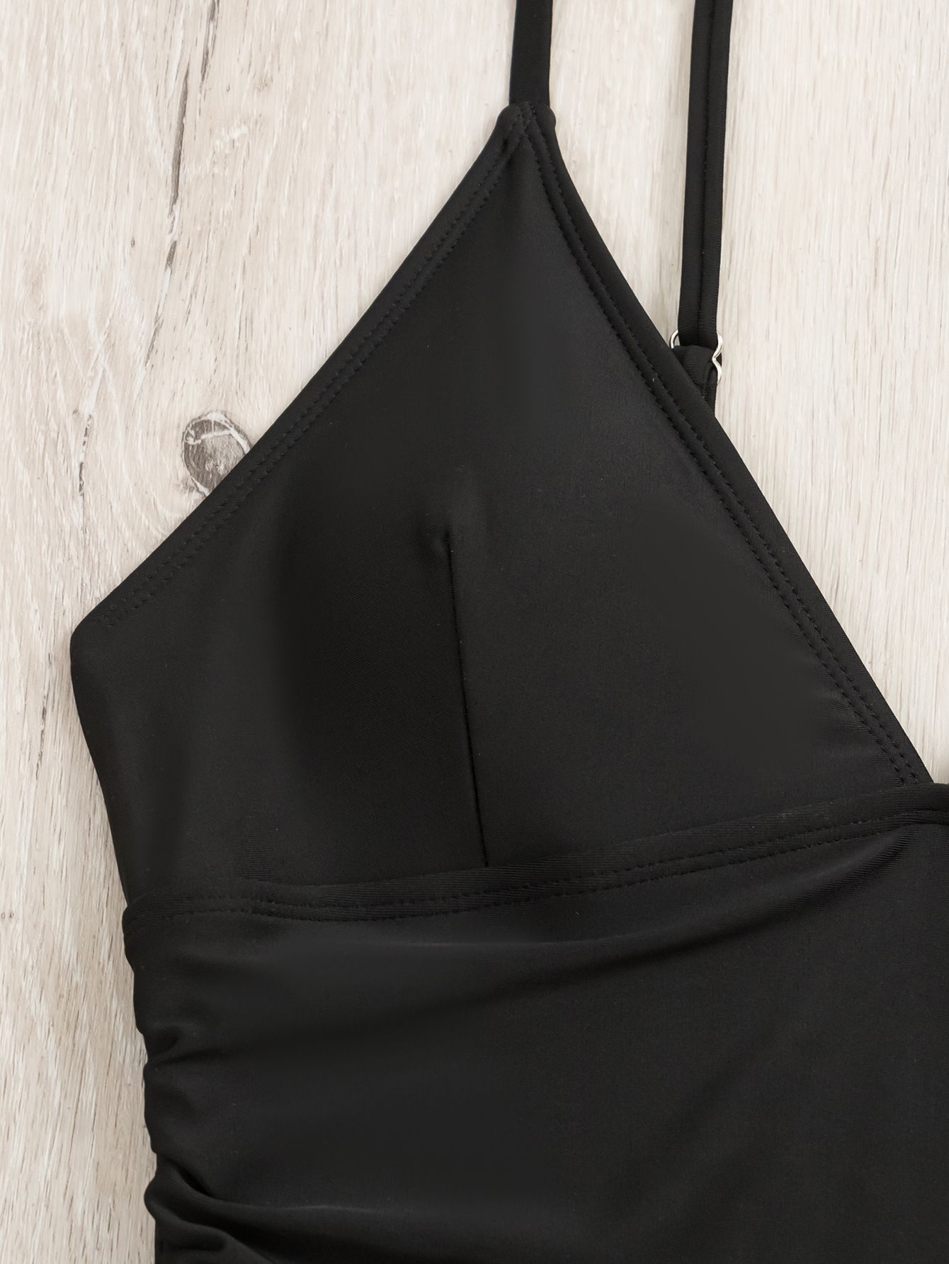 (image for) Women's V‑Neck Spaghetti Strap One‑Piece Swimsuit, Solid Black Conservative Tight Swimwear