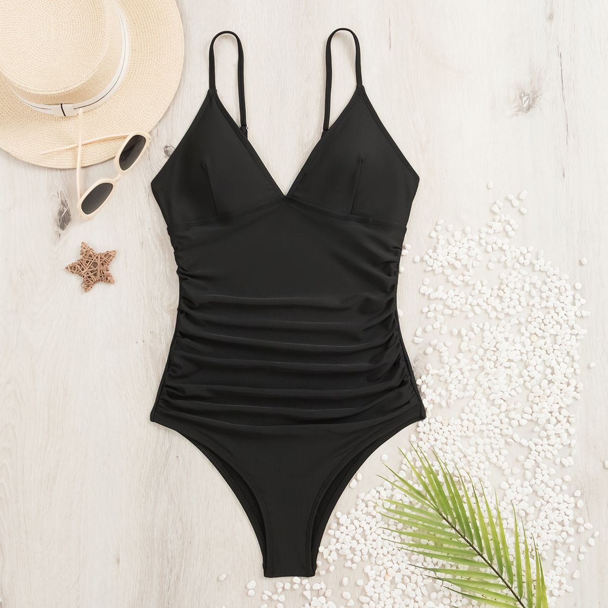 (image for) Women's V‑Neck Spaghetti Strap One‑Piece Swimsuit, Solid Black Conservative Tight Swimwear