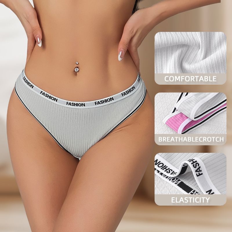 (image for) Women Mid Rise Letter Print Waistband Ribbed Triangle Briefs Tummy Control Breathable Cotton Crotch Dopamine Color Everyday Intimates