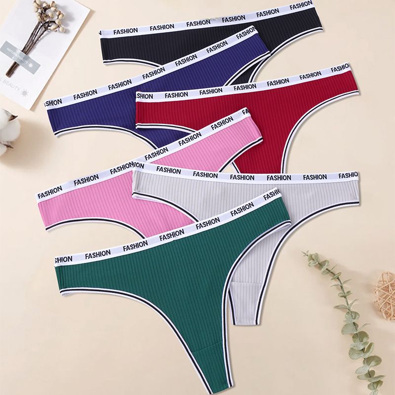 (image for) Women Mid Rise Letter Print Waistband Ribbed Triangle Briefs Tummy Control Breathable Cotton Crotch Dopamine Color Everyday Intimates