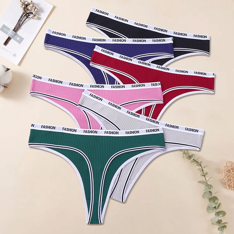 (image for) Women Mid Rise Letter Print Waistband Ribbed Triangle Briefs Tummy Control Breathable Cotton Crotch Dopamine Color Everyday Intimates