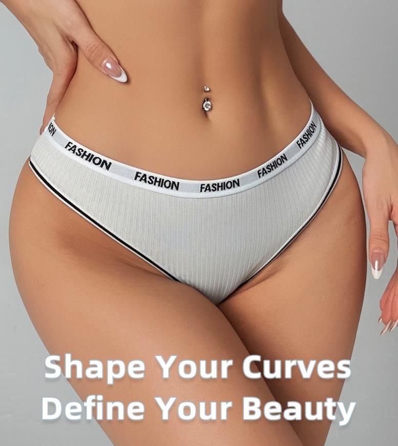 (image for) Women Mid Rise Letter Print Waistband Ribbed Triangle Briefs Tummy Control Breathable Cotton Crotch Dopamine Color Everyday Intimates