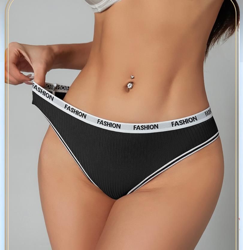 (image for) Women Mid Rise Letter Print Waistband Ribbed Triangle Briefs Tummy Control Breathable Cotton Crotch Dopamine Color Everyday Intimates