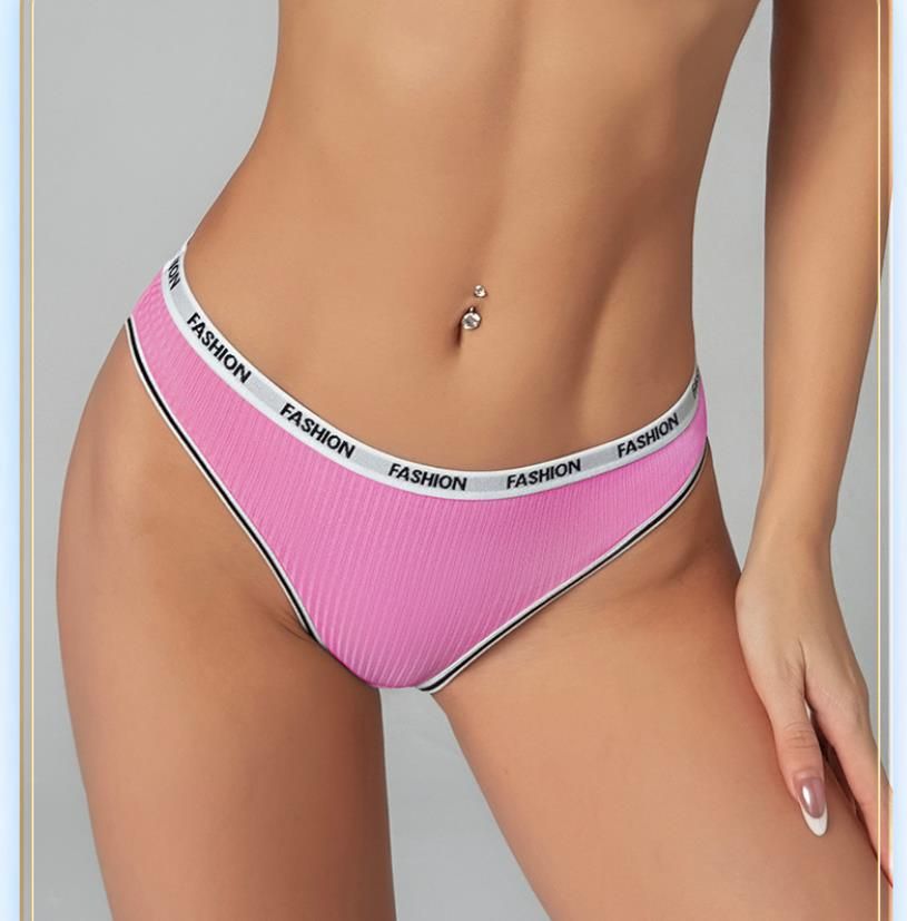 (image for) Women Mid Rise Letter Print Waistband Ribbed Triangle Briefs Tummy Control Breathable Cotton Crotch Dopamine Color Everyday Intimates