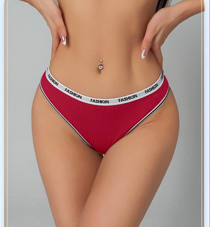 (image for) Women Mid Rise Letter Print Waistband Ribbed Triangle Briefs Tummy Control Breathable Cotton Crotch Dopamine Color Everyday Intimates