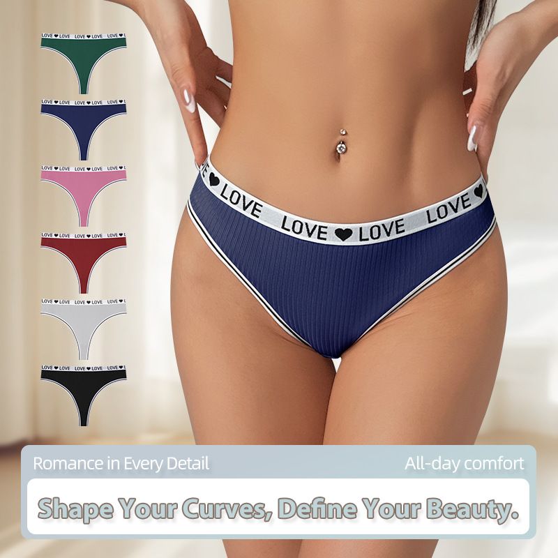Women Low Rise LOVE Letter Print Waistband Ribbed Thong Panties Breathable Nylon Crotch Yoga Gym Workout Casual Everyday Intimates (image for) Women Low Rise LOVE Letter Print Waistband Ribbed Thong Panties Breathable Nylon Crotch Yoga Gym Workout Casual Everyday Intimates