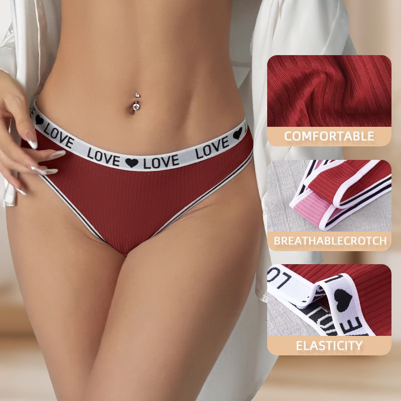 (image for) Women Low Rise LOVE Letter Print Waistband Ribbed Thong Panties Breathable Nylon Crotch Yoga Gym Workout Casual Everyday Intimates