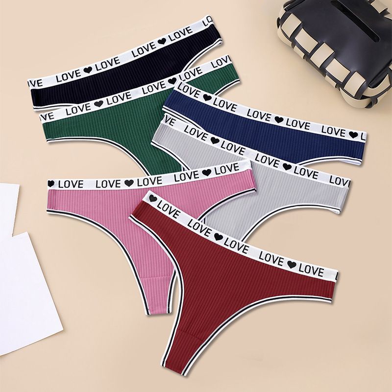 (image for) Women Low Rise LOVE Letter Print Waistband Ribbed Thong Panties Breathable Nylon Crotch Yoga Gym Workout Casual Everyday Intimates