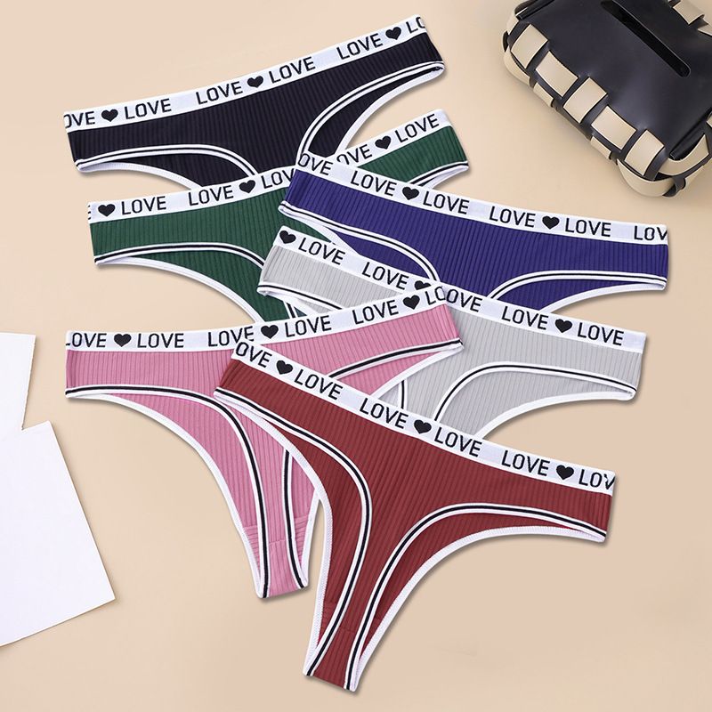 (image for) Women Low Rise LOVE Letter Print Waistband Ribbed Thong Panties Breathable Nylon Crotch Yoga Gym Workout Casual Everyday Intimates