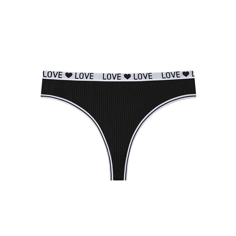 (image for) Women Low Rise LOVE Letter Print Waistband Ribbed Thong Panties Breathable Nylon Crotch Yoga Gym Workout Casual Everyday Intimates