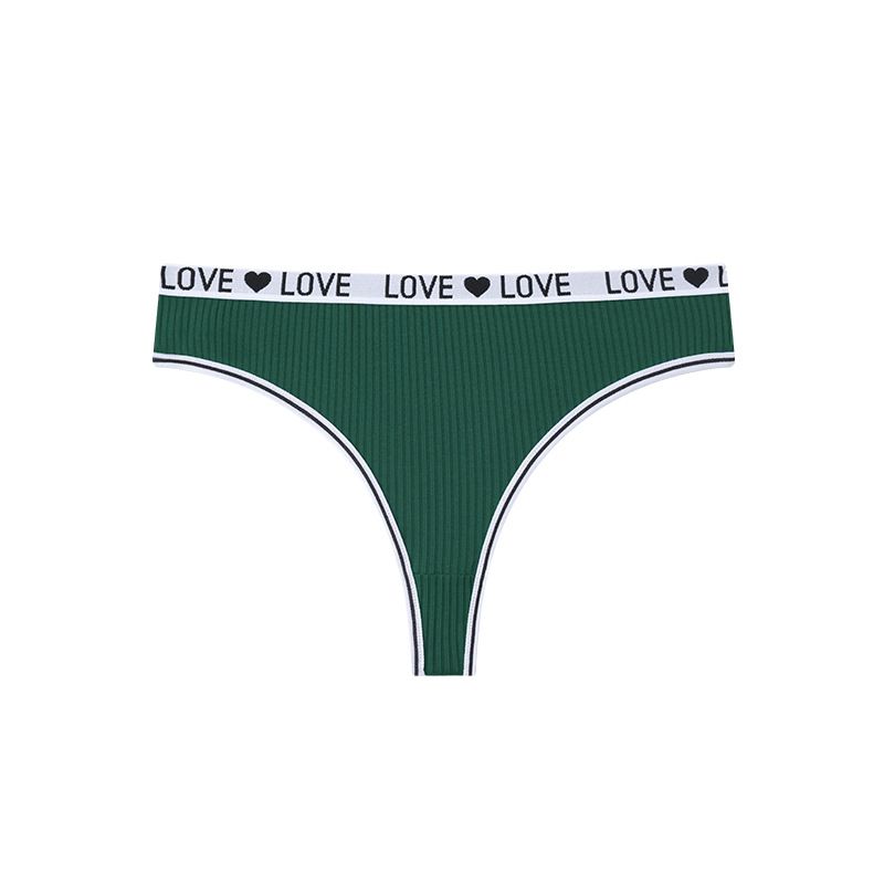 (image for) Women Low Rise LOVE Letter Print Waistband Ribbed Thong Panties Breathable Nylon Crotch Yoga Gym Workout Casual Everyday Intimates