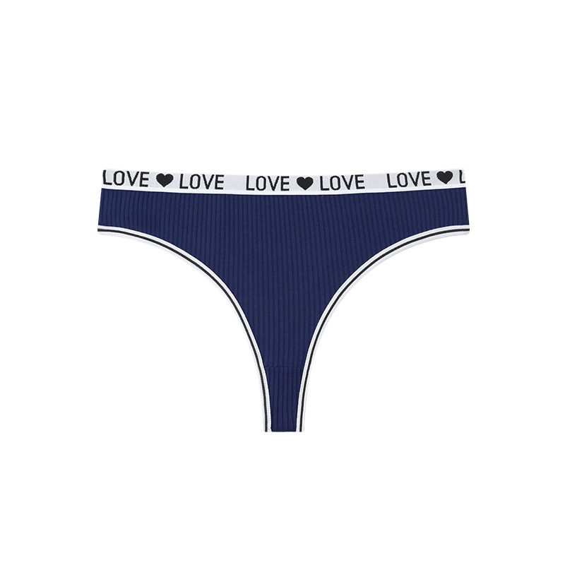 (image for) Women Low Rise LOVE Letter Print Waistband Ribbed Thong Panties Breathable Nylon Crotch Yoga Gym Workout Casual Everyday Intimates