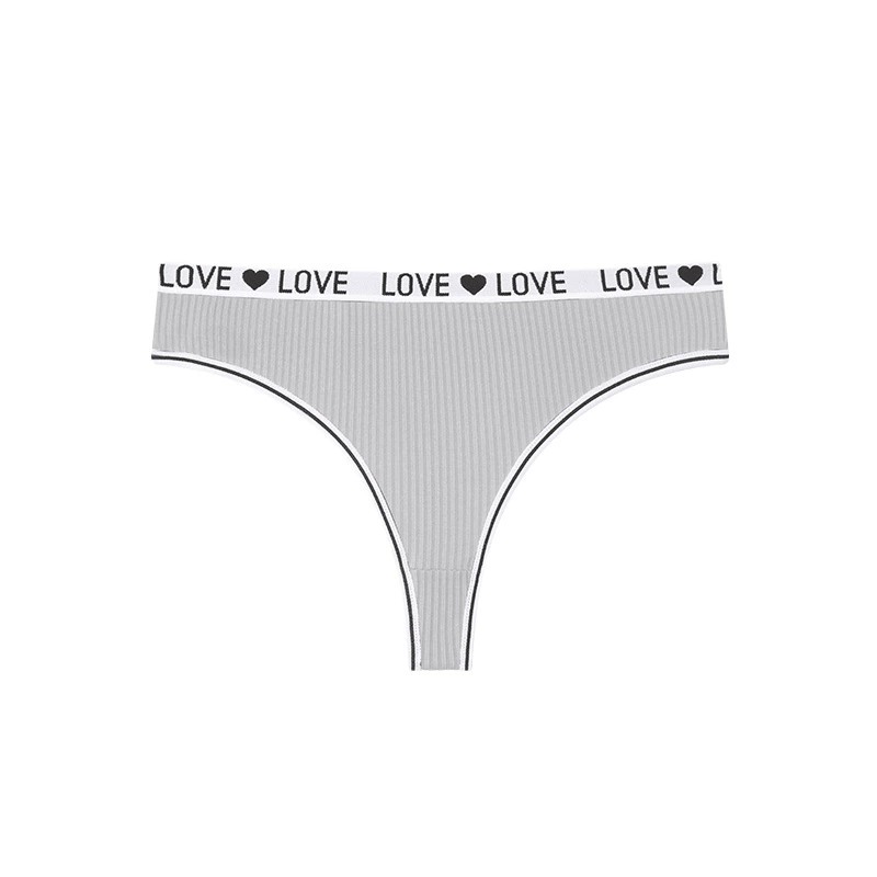 (image for) Women Low Rise LOVE Letter Print Waistband Ribbed Thong Panties Breathable Nylon Crotch Yoga Gym Workout Casual Everyday Intimates