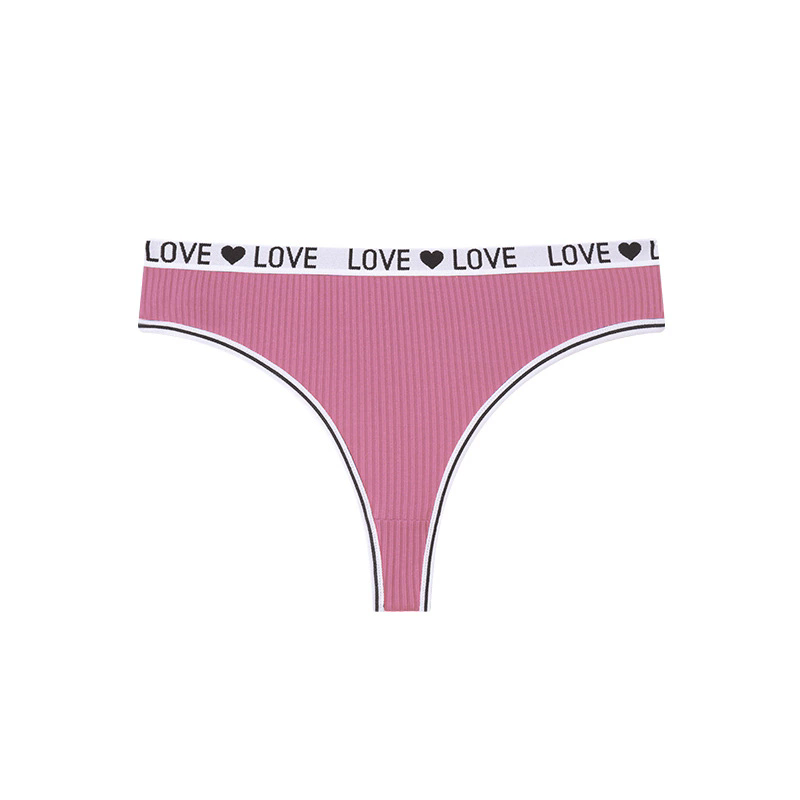 (image for) Women Low Rise LOVE Letter Print Waistband Ribbed Thong Panties Breathable Nylon Crotch Yoga Gym Workout Casual Everyday Intimates