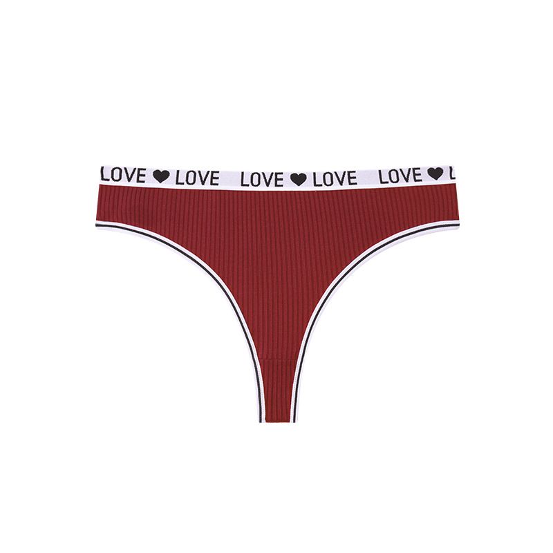 (image for) Women Low Rise LOVE Letter Print Waistband Ribbed Thong Panties Breathable Nylon Crotch Yoga Gym Workout Casual Everyday Intimates
