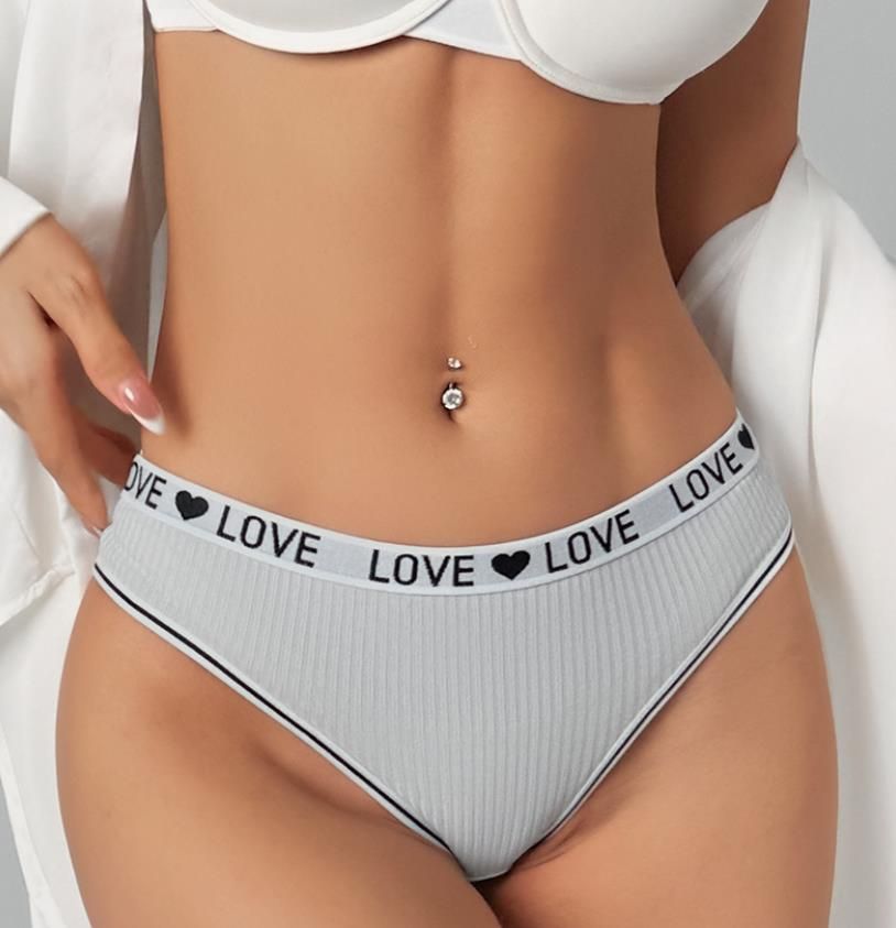 (image for) Women Low Rise LOVE Letter Print Waistband Ribbed Thong Panties Breathable Nylon Crotch Yoga Gym Workout Casual Everyday Intimates