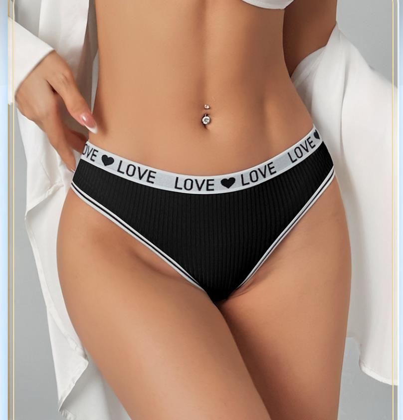 (image for) Women Low Rise LOVE Letter Print Waistband Ribbed Thong Panties Breathable Nylon Crotch Yoga Gym Workout Casual Everyday Intimates