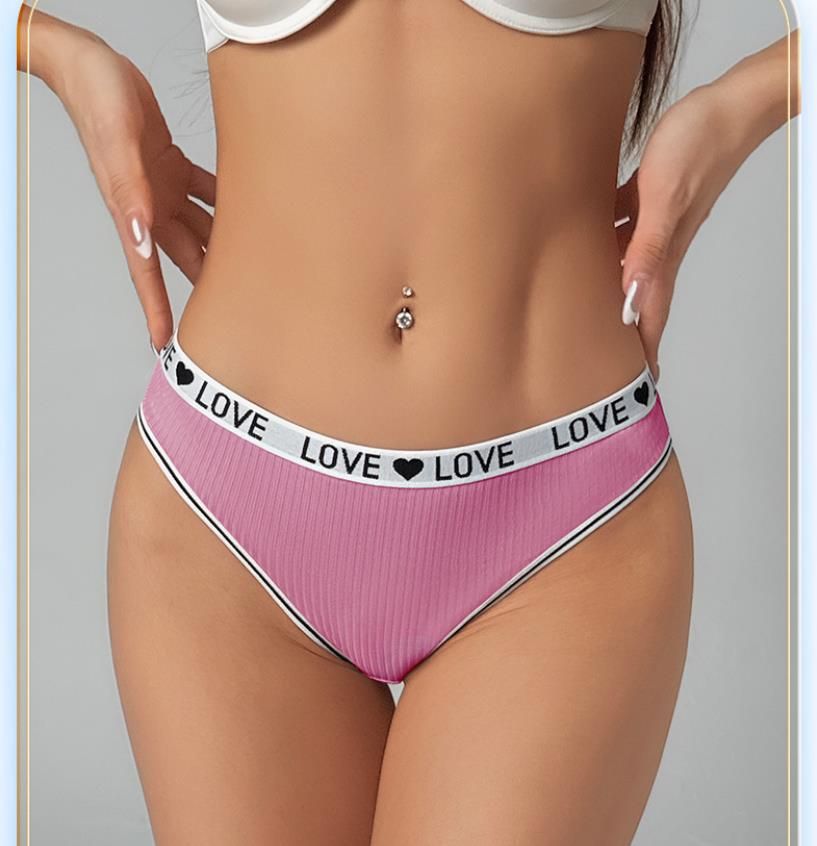 (image for) Women Low Rise LOVE Letter Print Waistband Ribbed Thong Panties Breathable Nylon Crotch Yoga Gym Workout Casual Everyday Intimates