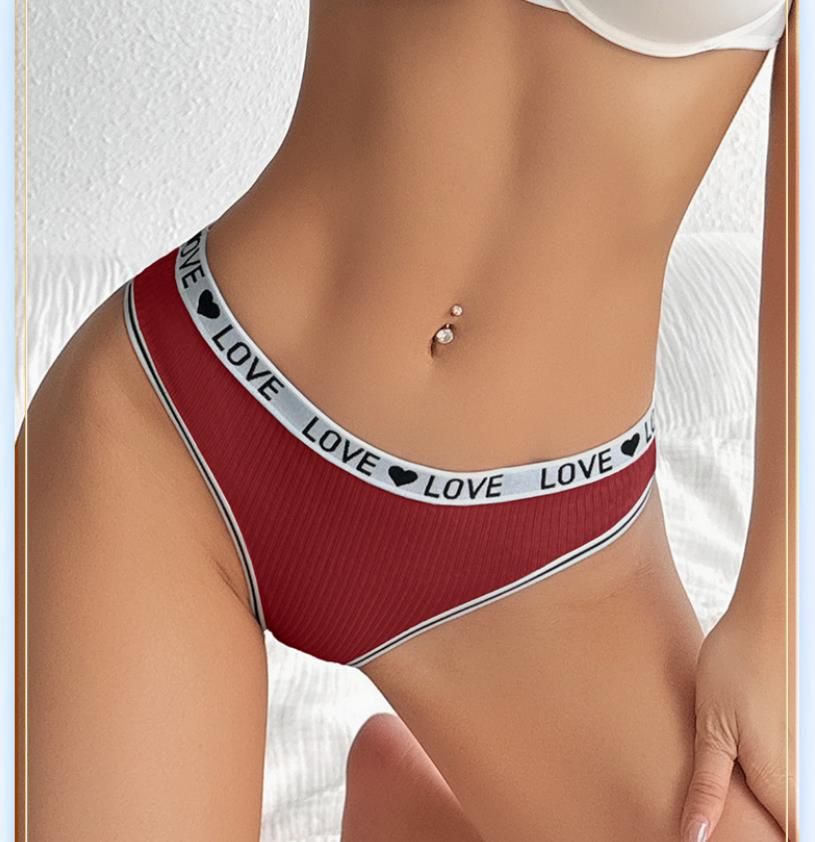 (image for) Women Low Rise LOVE Letter Print Waistband Ribbed Thong Panties Breathable Nylon Crotch Yoga Gym Workout Casual Everyday Intimates