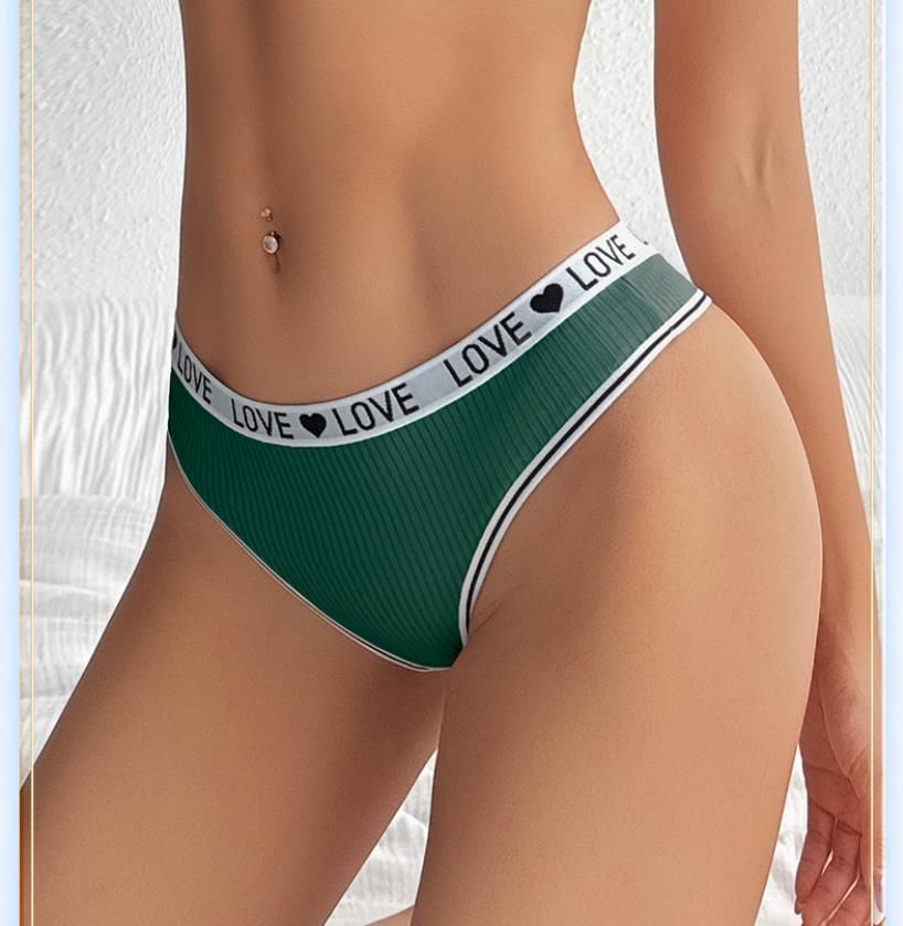 (image for) Women Low Rise LOVE Letter Print Waistband Ribbed Thong Panties Breathable Nylon Crotch Yoga Gym Workout Casual Everyday Intimates