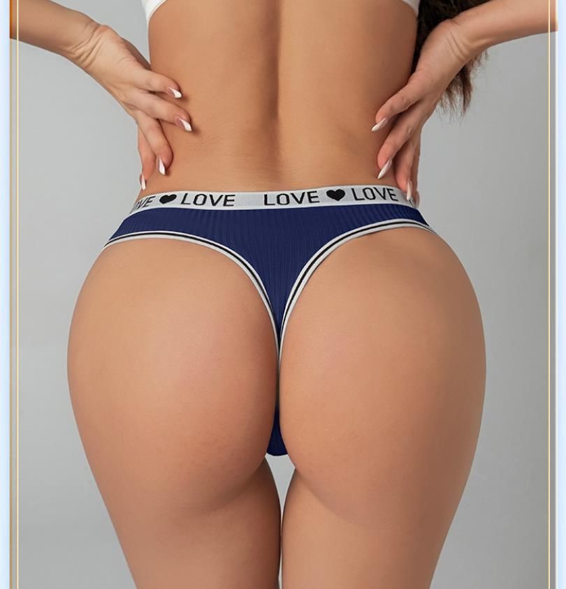 (image for) Women Low Rise LOVE Letter Print Waistband Ribbed Thong Panties Breathable Nylon Crotch Yoga Gym Workout Casual Everyday Intimates