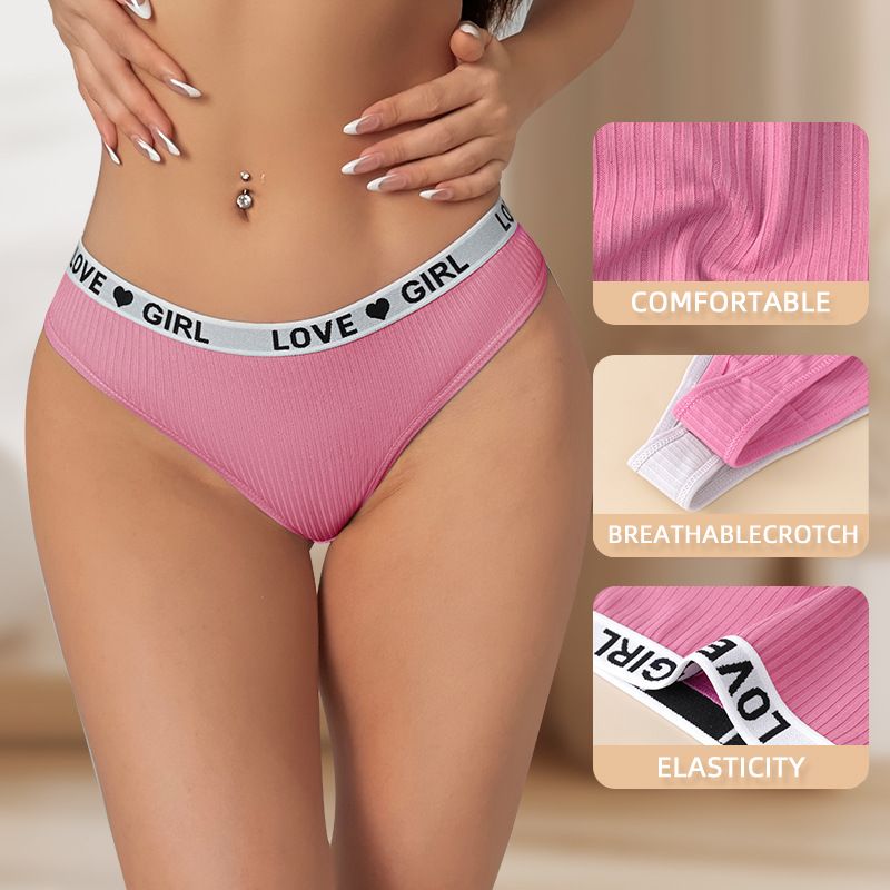 (image for) Women Low Rise Ribbed Knit Thong Panties LOVE GIRL Letter Waistband 100% Nylon Crotch Breathable Seamless Trim Yoga Workout Everyday Intimates