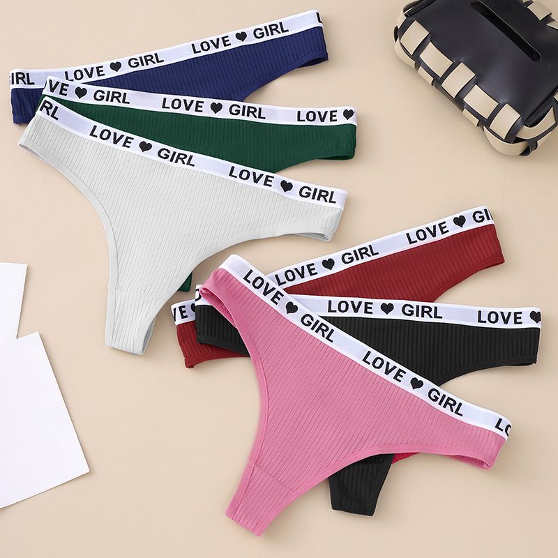 (image for) Women Low Rise Ribbed Knit Thong Panties LOVE GIRL Letter Waistband 100% Nylon Crotch Breathable Seamless Trim Yoga Workout Everyday Intimates