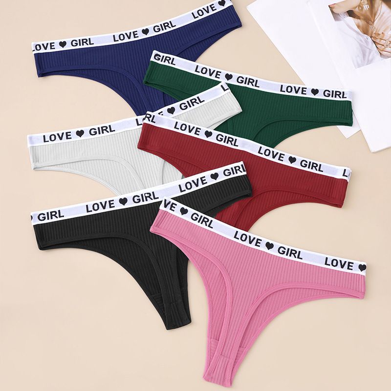 (image for) Women Low Rise Ribbed Knit Thong Panties LOVE GIRL Letter Waistband 100% Nylon Crotch Breathable Seamless Trim Yoga Workout Everyday Intimates