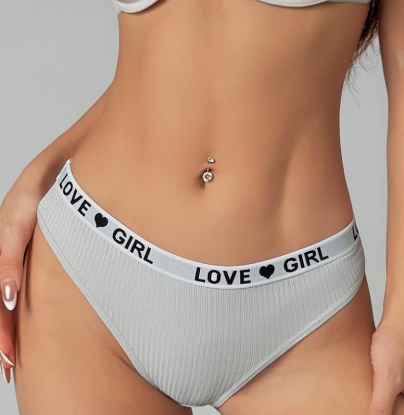 (image for) Women Low Rise Ribbed Knit Thong Panties LOVE GIRL Letter Waistband 100% Nylon Crotch Breathable Seamless Trim Yoga Workout Everyday Intimates