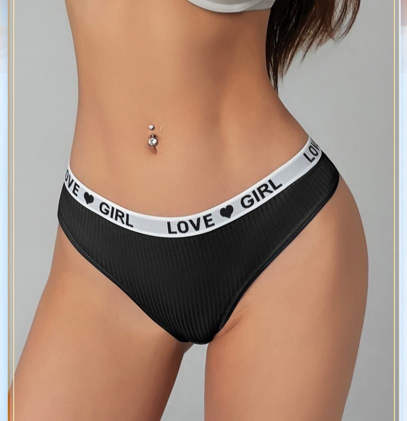 (image for) Women Low Rise Ribbed Knit Thong Panties LOVE GIRL Letter Waistband 100% Nylon Crotch Breathable Seamless Trim Yoga Workout Everyday Intimates